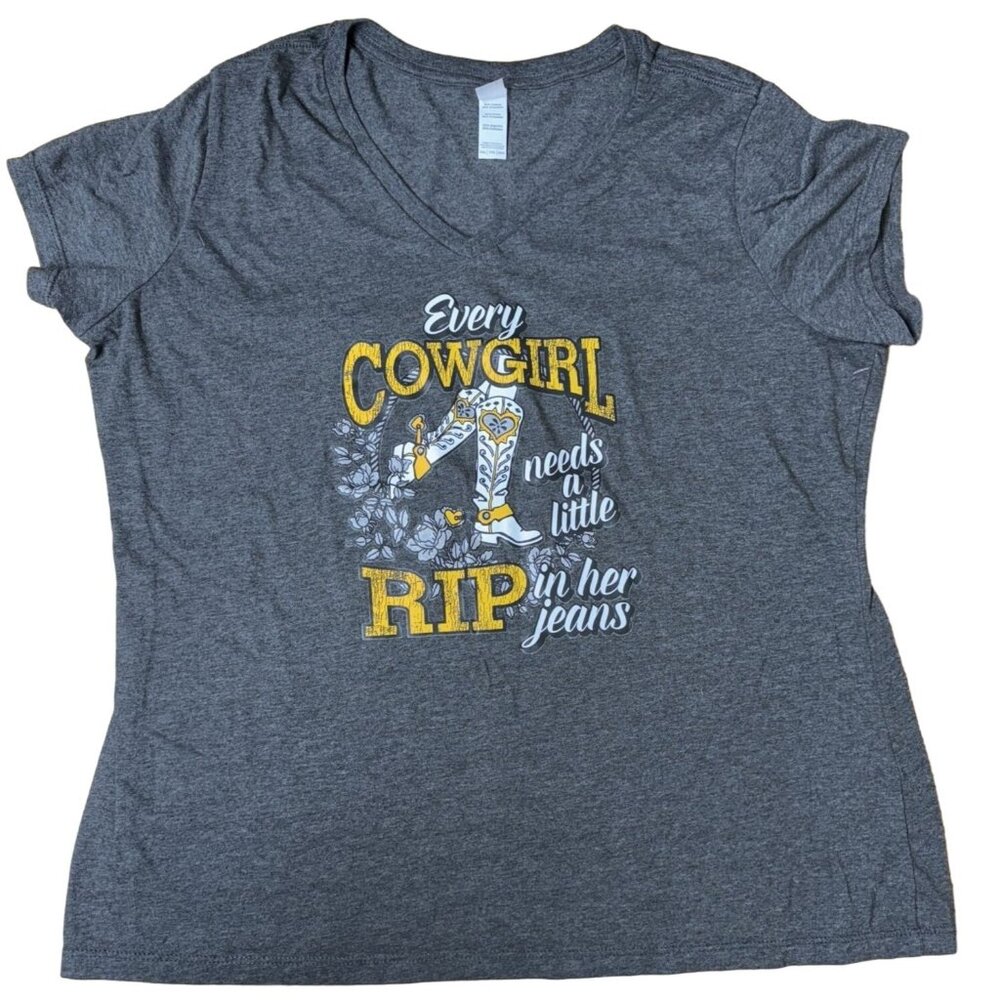 District Womens Graphic Tee Shirt Cowgirl Theme XXL Gray Cotton/Polyester Blend